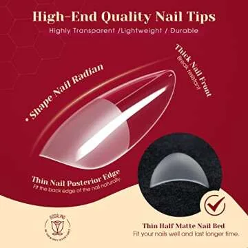 ROSALIND 504PCS Soft Almond Nails Full Cover Nail Tips, Half Matte Fake Nails with Box,Medium Almond Acrylic Fake Nail Tips for Nail Art Extension Nails 12 Size False Nail Tips DIY(One-Sided No File)