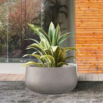 Kante 15.7" Dia Round Concrete Planter, Outdoor Indoor Garden Plant Pots with Drainage Hole and Rubber Plug, Modern Curvaceous Design, Weathered Concrete