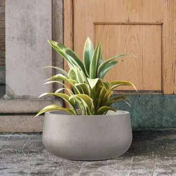 Kante 15.7" Dia Round Concrete Planter, Outdoor Indoor Garden Plant Pots with Drainage Hole and Rubber Plug, Modern Curvaceous Design, Weathered Concrete