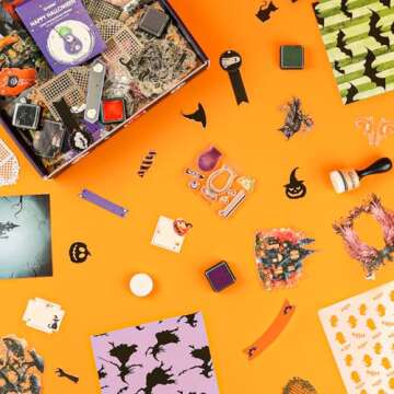 Grabie Halloween-Themed Scrapbook Club Box, Complete Scrapbook Kit with Black Cat Papers, Haunted House Decorations, Pumpkin Stickers, Suit for Painting, Decorating and Card Making