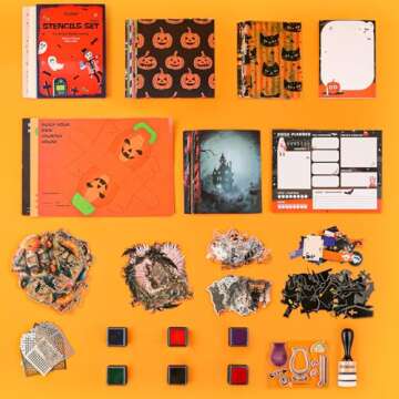Grabie Halloween-Themed Scrapbook Club Box, Complete Scrapbook Kit with Black Cat Papers, Haunted House Decorations, Pumpkin Stickers, Suit for Painting, Decorating and Card Making
