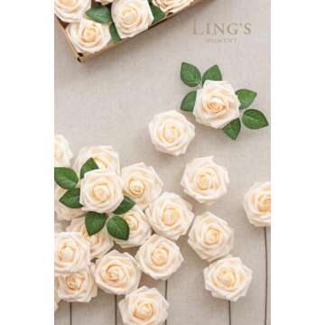 Ling's Moment Artificial Flowers 25Pcs Cream Roses Decor w/Stems,3" Real Touch DIY Foam Floral for W...