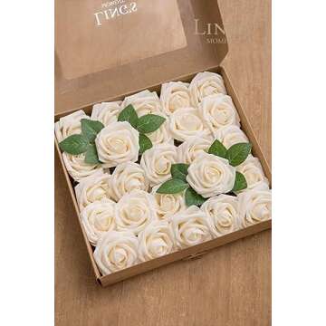 Ling's Moment Artificial Flowers 25Pcs Cream Roses Decor w/Stems,3" Real Touch DIY Foam Floral for Wedding Bouquet/Centerpieces, Outdoors Party Backdrop, Room/Table, and Garden/Pot Decorations