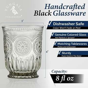 Yungala Black Glassware set of 6 smoke drinking glasses, 8 oz water glasses textured colored vintage...