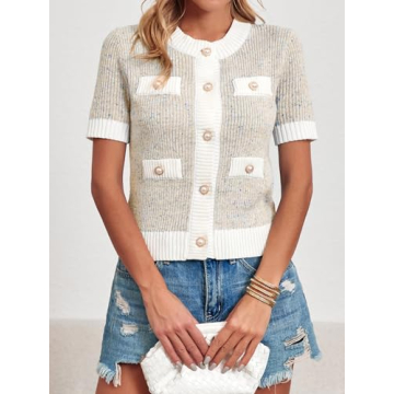 Langwyqu Women's Elegant Short Sleeve Cardigan Sweater