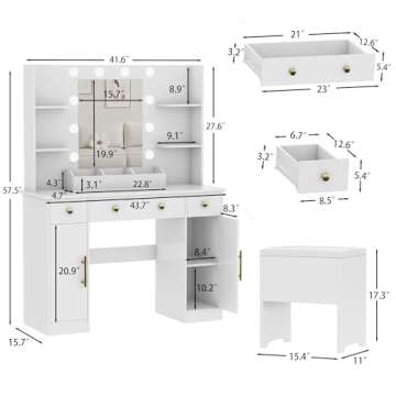 HUANLEGO Vanity Desk with Mirror and Lights, Makeup Vanity with Charging Station & Vanity Stool, 3 D...