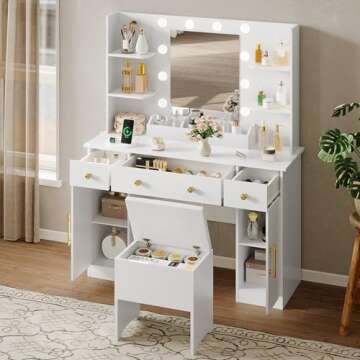 HUANLEGO Vanity Desk with Mirror and Lights, Makeup Vanity with Charging Station & Vanity Stool, 3 Drawers and Cabinets White Vanity Mirror with RGB LED Lights Vanity Desk and Chair for Women