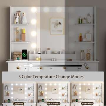 HUANLEGO Vanity Desk with Mirror and Lights, Makeup Vanity with Charging Station & Vanity Stool, 3 Drawers and Cabinets White Vanity Mirror with RGB LED Lights Vanity Desk and Chair for Women