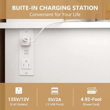 HUANLEGO Vanity Desk with Mirror and Lights, Makeup Vanity with Charging Station & Vanity Stool, 3 Drawers and Cabinets White Vanity Mirror with RGB LED Lights Vanity Desk and Chair for Women