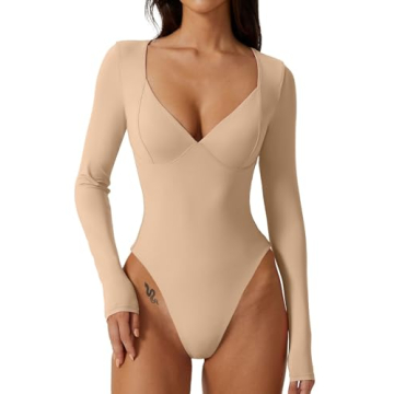 Stylish QINSEN Bodysuit with Seamed Cup and Long Sleeves