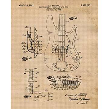 Vintage Electric Guitars Patent Prints, 4 (8x10) Unframed Photos, Wall Art Decor Gift for Home Office Man Cave Work Garage Shop Studio College Student Teacher Coach Rock Roll Band Leo Fender Fan