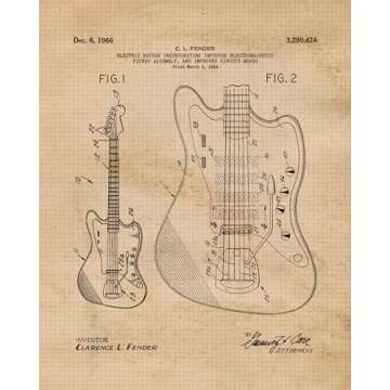 Vintage Electric Guitars Patent Prints, 4 (8x10) Unframed Photos, Wall Art Decor Gift for Home Office Man Cave Work Garage Shop Studio College Student Teacher Coach Rock Roll Band Leo Fender Fan