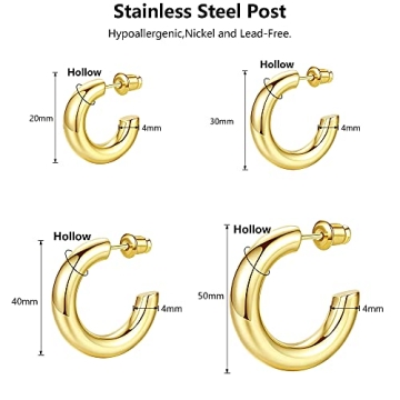 4 Pairs Gold Hoop Earrings Women, Chunky Open Hoops Set