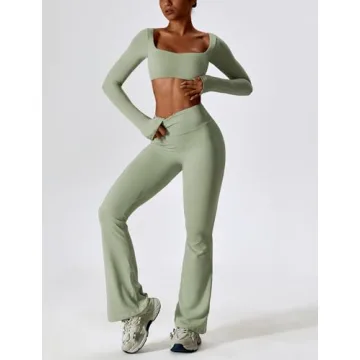 ABOCIW Women's Workout Set Square Neck Crop Top Flare Leggings