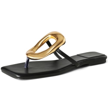 AMINUGAL Black Flat Sandals for Women Dressy Summer Square Toe Thong Sandals for Women Comfortable W...
