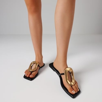 AMINUGAL Black Flat Sandals for Women Dressy Summer Square Toe Thong Sandals for Women Comfortable Wide Width Womens Sandals Open Toe Casual Beach Fashion Slide Sandals Women Size 7