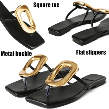 AMINUGAL Black Flat Sandals for Women Dressy Summer Square Toe Thong Sandals for Women Comfortable Wide Width Womens Sandals Open Toe Casual Beach Fashion Slide Sandals Women Size 7