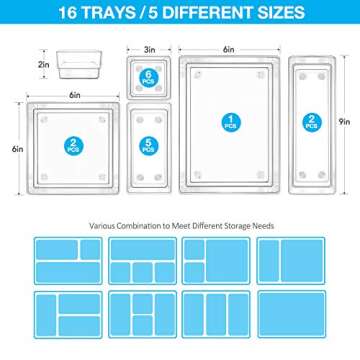 16 Desk Drawer Organizer Set Clear, Makeup Drawer Organizer and Storage with 5 Sizes Bathroom Organizer Drawer, Drawer Organizer Bins Clear Plastic Storage Bins for Drawers Dresser Makeup Kitchen
