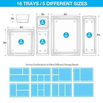 16 Desk Drawer Organizer Set Clear, Makeup Drawer Organizer and Storage with 5 Sizes Bathroom Organizer Drawer, Drawer Organizer Bins Clear Plastic Storage Bins for Drawers Dresser Makeup Kitchen