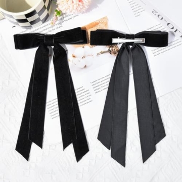 Aileam 2PCS Velvet Hair Bows Ribbon Hair Clip Black Accessories Ponytail Holder Accessories Slides Metal Clips Hair Bow for Women Girls Toddlers Teens Kids