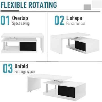 Coffee Table L Shaped, Living Room Table with Swivel Top and Drawer for Office Desk Modern White Home Furniture 63" D x 24" W x 19" H