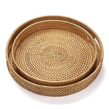 Hand Woven Rattan Round Serving Tray - Natural Wicker Basket for Serving and Decor