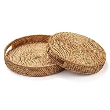 Elegant Rattan Round Serving Tray with Cut-Out Handles