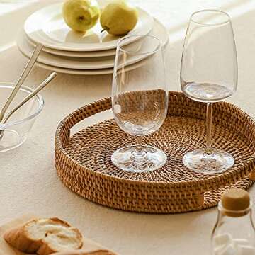 Elegant Rattan Round Serving Tray with Cut-Out Handles