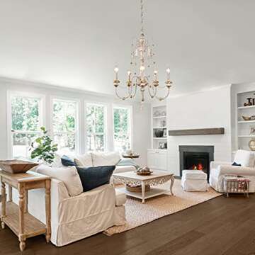 Farmhouse Chandelier for Dining Room, 5-Light Wood Chandelier, French Country Lighting with Bead Strings, 21.5" L x 30" H