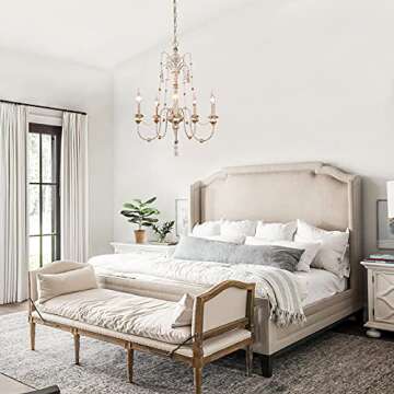 Farmhouse Chandelier for Dining Room, 5-Light Wood Chandelier, French Country Lighting with Bead Strings, 21.5" L x 30" H