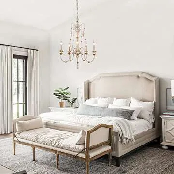 Farmhouse Chandelier for Dining Room, 5-Light Wood Chandelier, French Country Lighting with Bead Strings, 21.5" L x 30" H