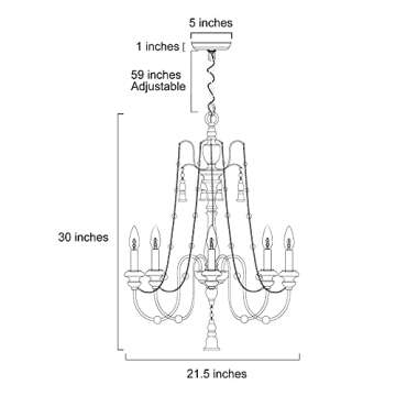 Farmhouse Chandelier for Dining Room, 5-Light Wood Chandelier, French Country Lighting with Bead Strings, 21.5" L x 30" H
