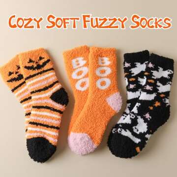 TEHOOK 4 Times Thicker Halloween Fuzzy Socks, Halloween Gifts for Women, Boo Spooky Basket Stuffers for Her, Cozy Fluffy Soft Warm Socks for Fall Winter