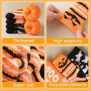 TEHOOK 4 Times Thicker Halloween Fuzzy Socks, Halloween Gifts for Women, Boo Spooky Basket Stuffers for Her, Cozy Fluffy Soft Warm Socks for Fall Winter