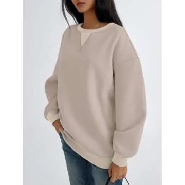 Trendy Queen Womens Oversized Crewneck Sweatshirt Fleeced 2025 Fall Fashion Outfits Clothes Clothing Loose Fit Comfy Crew Neck Color Block Pullover Top