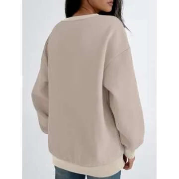 Trendy Queen Womens Oversized Crewneck Sweatshirt Fleeced 2025 Fall Fashion Outfits Clothes Clothing Loose Fit Comfy Crew Neck Color Block Pullover Top