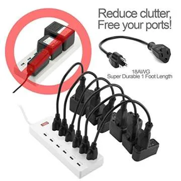 ClearMax 3 Prong Power Extension Cord Cable Strip Outlet Saver 18AWG, Black, 10 Count