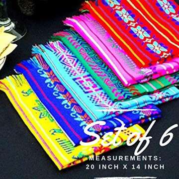 Mexican Fiesta Cloth Napkins, Fiesta Party Supplies in Assorted Colors, Bulk Set of 6 Fiesta placemats for Cinco de Mayo, Mexican Weddings, Coco Size 14x20 Nap001