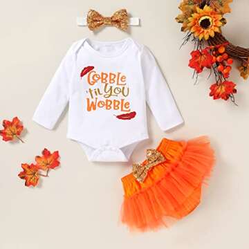 Thanksgiving Outfits Set Baby Girls Gobble 'Til You Wobble Long Sleeve Romper and Pleated Tutu Skirts (Gobble 'Til You Wobble, 0-3 Months)