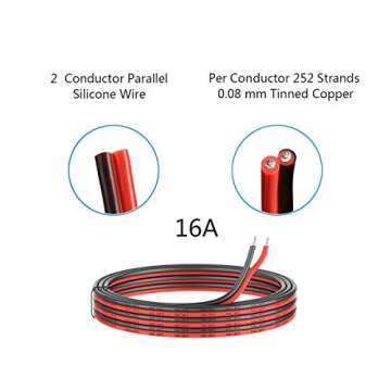 16 Gauge Silicone Electric Wire, EvZ 33ft 16AWG Flexible 2 Conductor Parallel Cable, 2pin Red Black,...