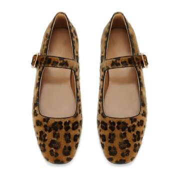 DOEYG Leopard Ballet Flats Shoes for Women Animal Print Suede Mary Jane Flats Shoes Square Toe Dress Casual Comfortable Velvet Ballerina Shoes with Buckle Strap Size 7.5