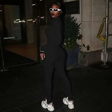 HODMEXI Women Embroidery Zipper High Neck Long Sleeve Bodycon Jumpsuit Shorts Rompers Party Clubwear Outfits Bodysuit (Black-1, L)