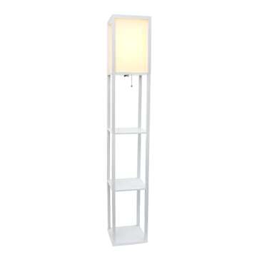 Simple Designs LF1014-WHT Etagere Organizer Storage Shelf Linen Shade Floor Lamp, White