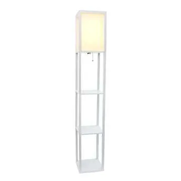 Simple Designs LF1014-WHT Etagere Organizer Storage Shelf Linen Shade Floor Lamp, White
