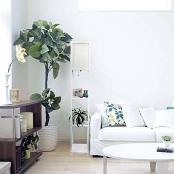Simple Designs LF1014-WHT Etagere Organizer Storage Shelf Linen Shade Floor Lamp, White