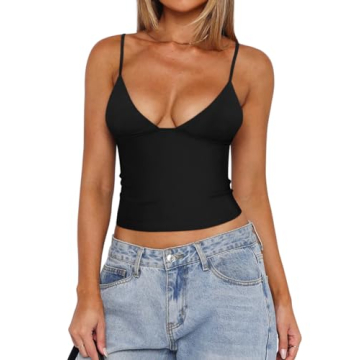 REORIA Womens Summer Sexy V-Neck Sleeveless Double Lined Going Out Y2K Trendy Cami Shirt Slimming Cr...