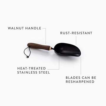 Barebones Garden Scoop - Garden Spoon - Stainless Steel Small Hand Shovel for Transplanting, Digging, and Planting - Great Home Gardening Hand Tools (Walnut/Black)