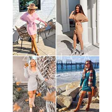 ZESICA Women's Fall Long Batwing Sleeve Wrap V Neck Knitted Backless Bodycon Pullover Sweater Dress with Belt,Red,Small