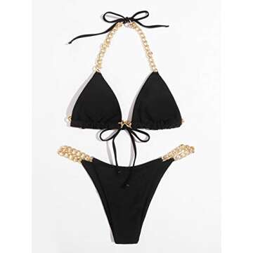 MakeMeChic Women's Chain Linked Triangle Bikini Swimsuit High Cut Bathing Suit Black L