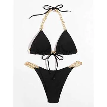 MakeMeChic Women's Chain Linked Triangle Bikini Swimsuit High Cut Bathing Suit Black L